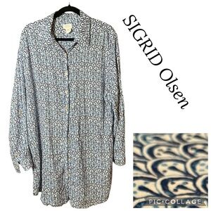 SIGRID Olsen Linen Blend Scallop Print Shirt Dress Beach Coverup XL Blue White